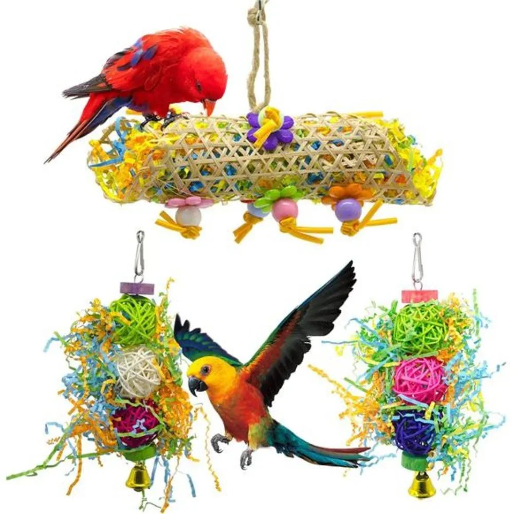 3Pack Bird ChewingToys Foraging Shredder Toy Parrot Cage Bird Loofah Hanging Toy